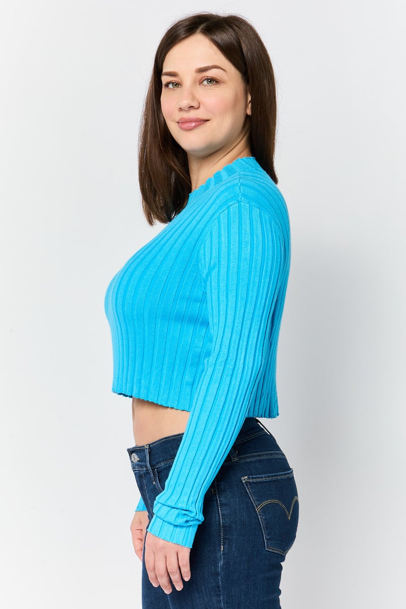 MONKI Women Mock Neck Long Sleeve Ribbed Top, Turquoise - Image 3